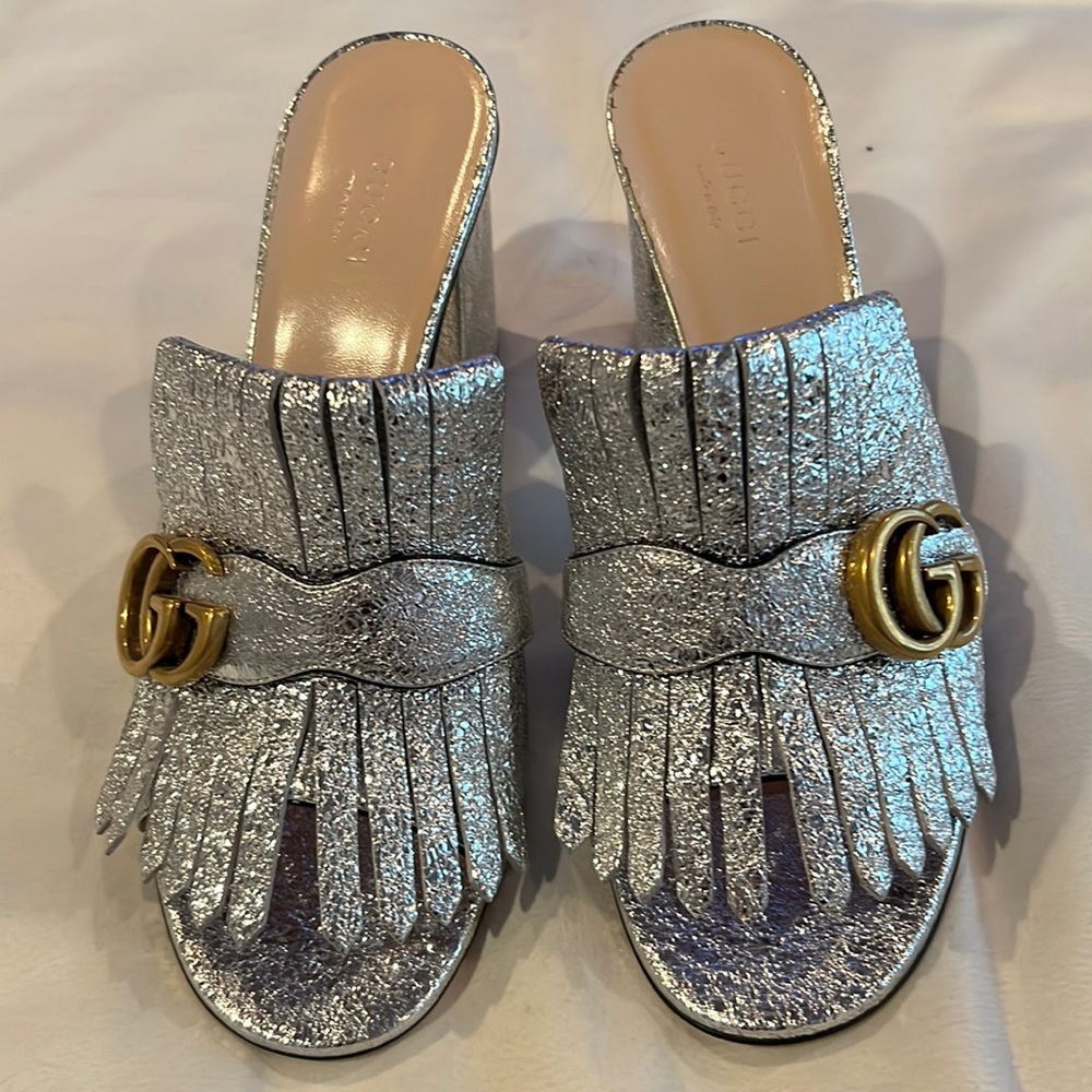 New in Box Gucci Marmont Fringe Slides in Silver